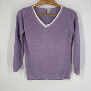 Avalin Sweater Womens Medium Purple Linen V Neck Ruffle Hem Lightweight